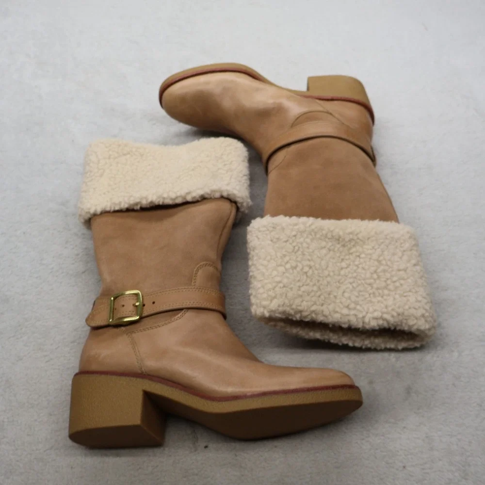 Coach Women 8.5B Boots Brown Parka Leather Shearling Buckle Designer Chic A01640